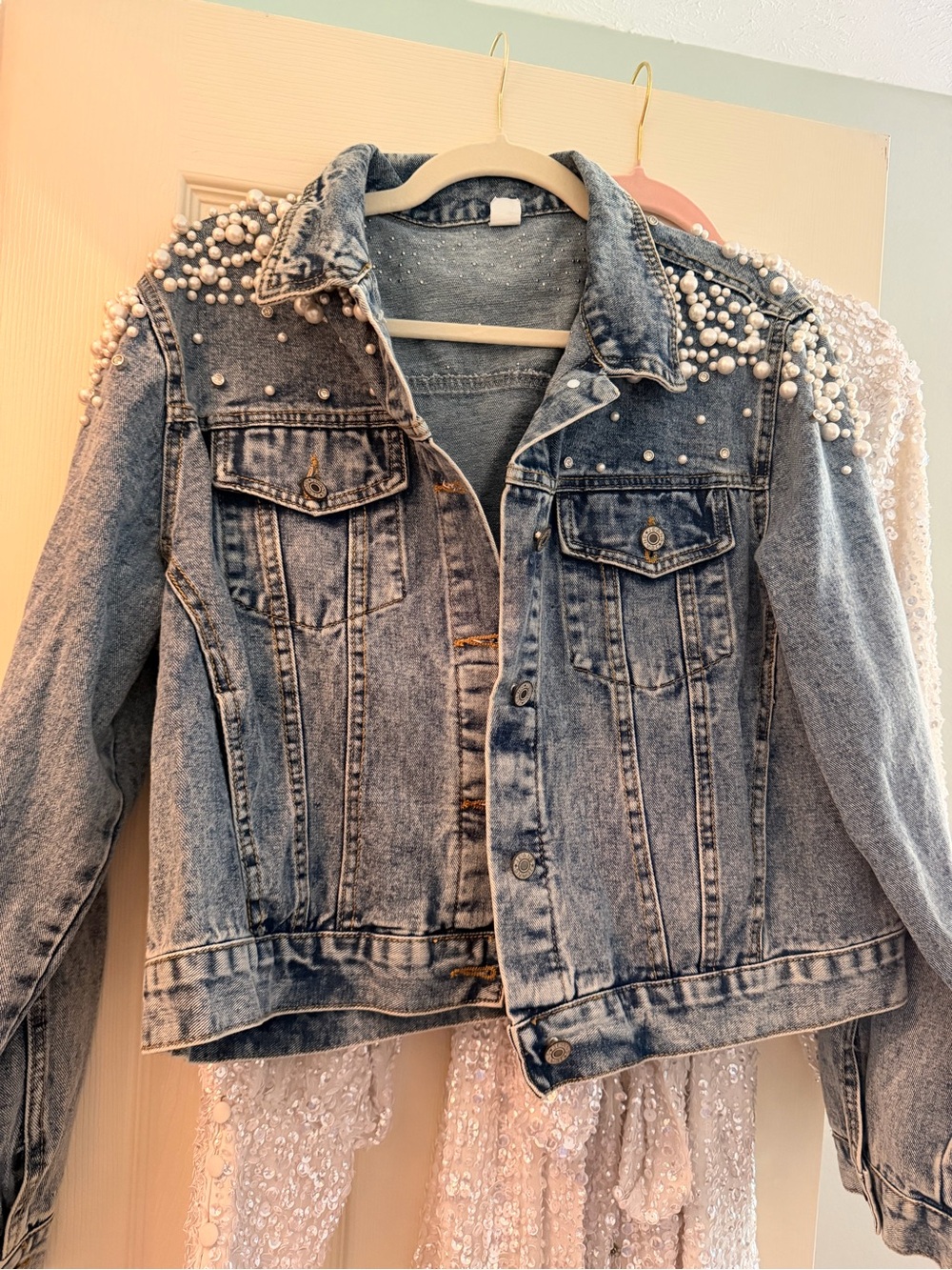 Pearl-Embellished Light Wash Denim Jacket - Women